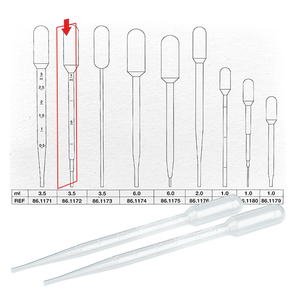 Transferpipette, nominel volumen: 3,5 ml, (LxB): 155 x 15 mm, materiale: LD-PE, transparent, dråbestørrelse: 35 µl - 55 µl, indsprøjtningsgrad op til 3 ml, 500 stk/karton Transferpipette, nominel volumen: 3,5 ml, (LxB): 155 x 15 mm, materiale: LD-PE, transparent, dråbestørrelse: 35 µl - 55 µl, indsprøjtningsgrad op til 3 ml, 500 stk/karton