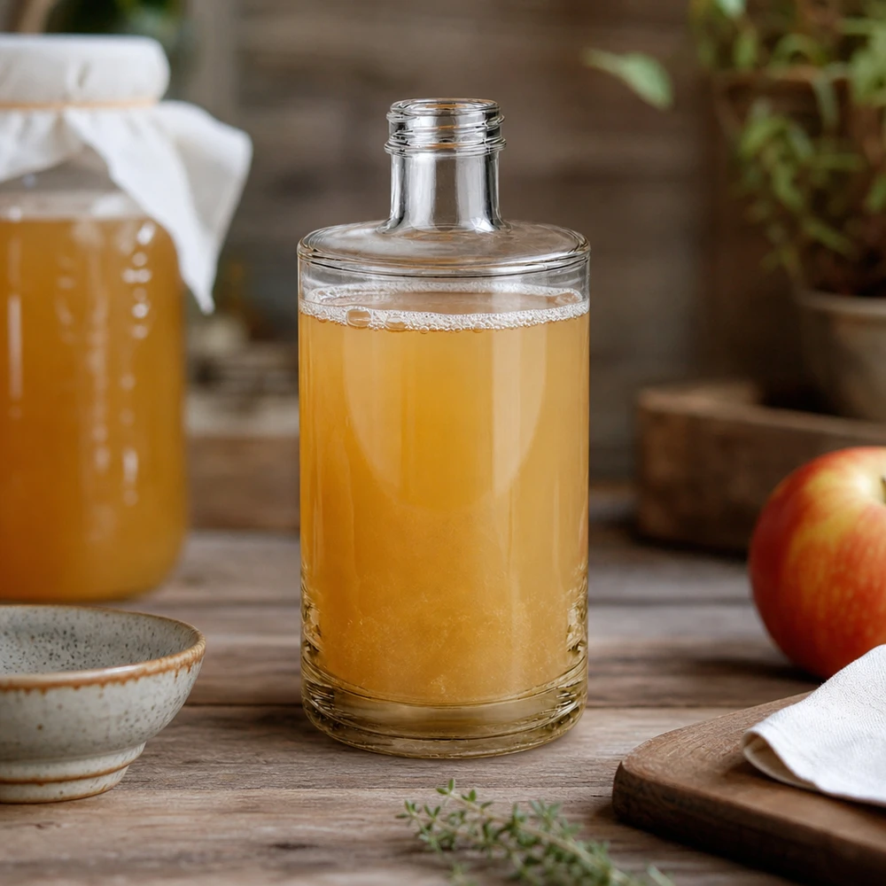 375 ml glasflaske »Sam« uden skruelukning UNiTWIST® 375 ml glasflaske Sam fyldt med æblejuice på et rustikt træbord dekoreret med et frisk æble og en keramikskål