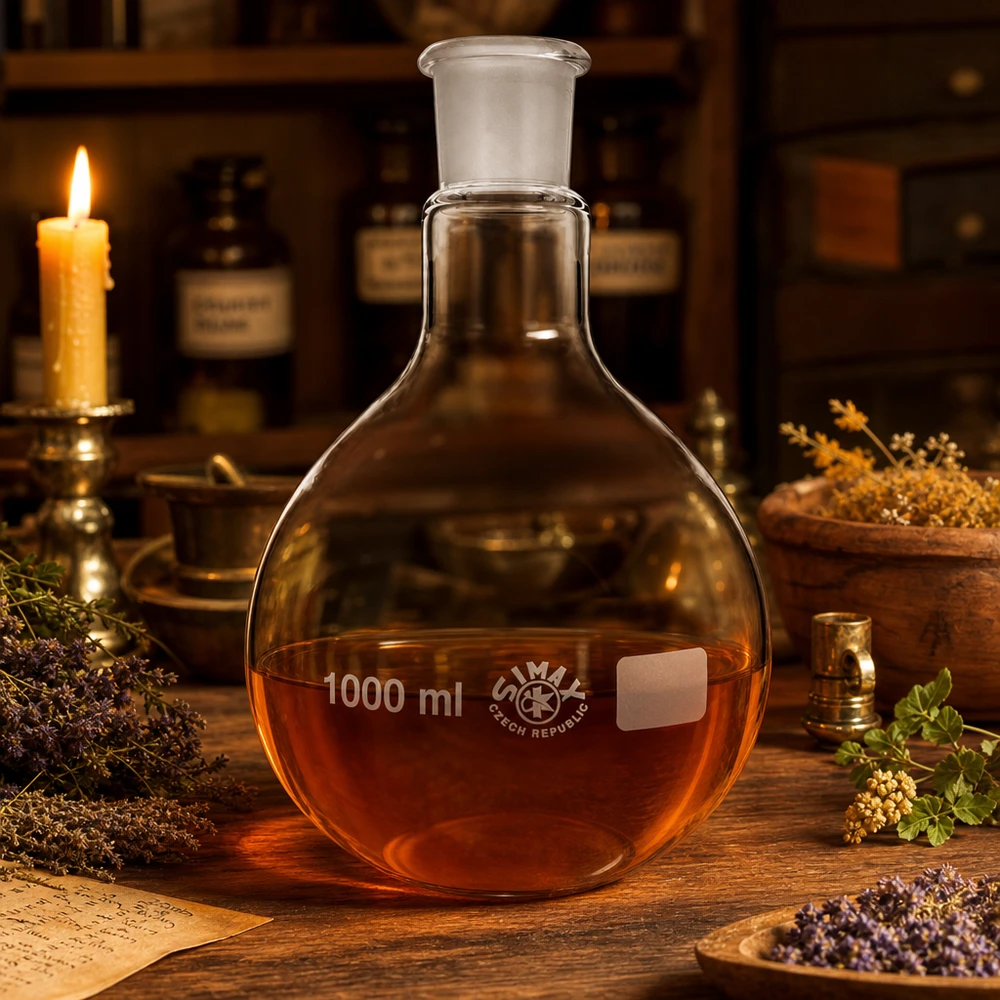 Flaske 1000 ml med standard slebet led (29/32) Rundbundet kolbe 1000 ml med orangefarvet opløsning og standardslibning 29/32 til professionel laboratoriesyntese