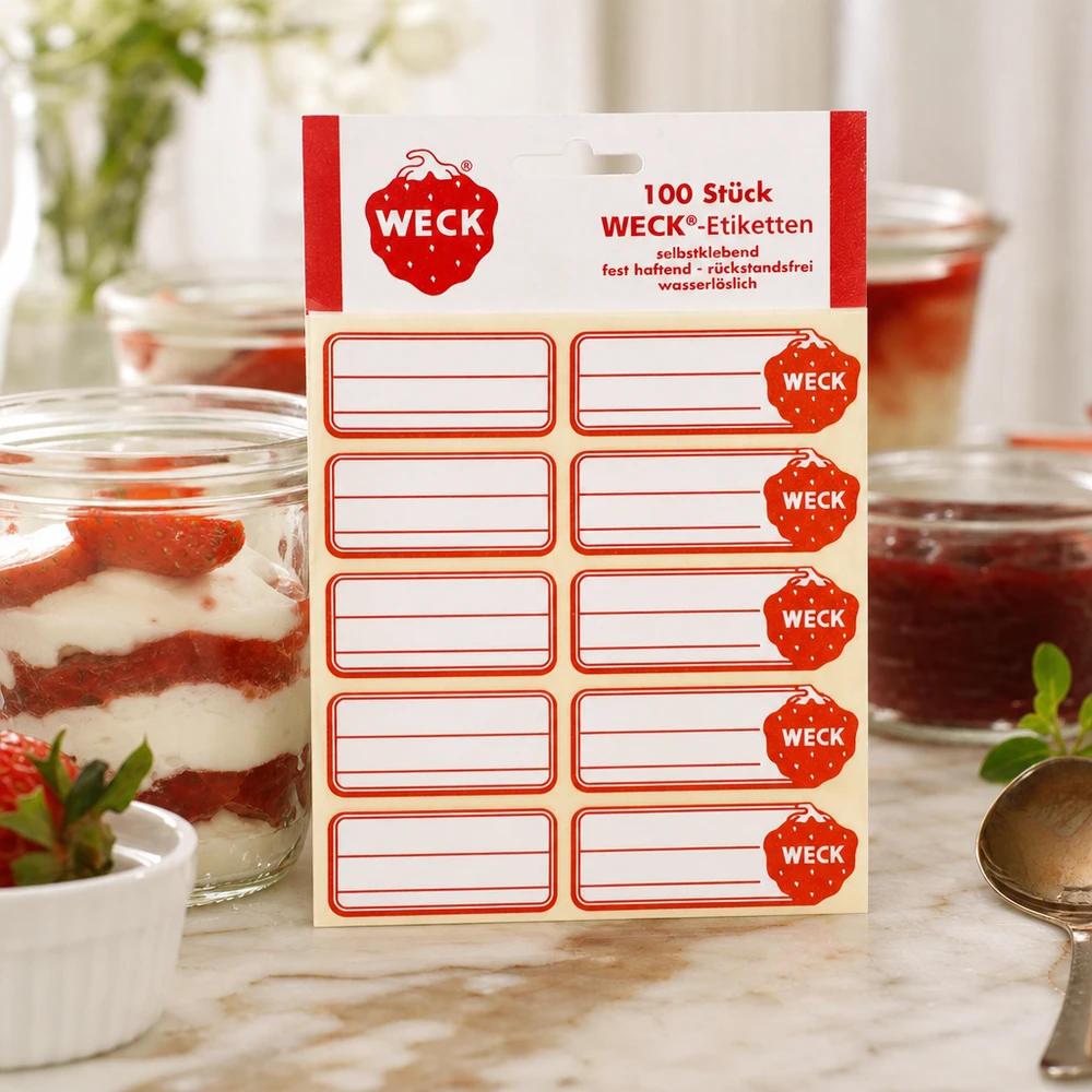 WECK-etiketter 19 x 13 mm (pakke(r) med 100 stk.) WECK Etiketten Packung neben dekorativem Dessertglas mit Erdbeercreme zeigt vielseitige Anwendung in moderner Küche