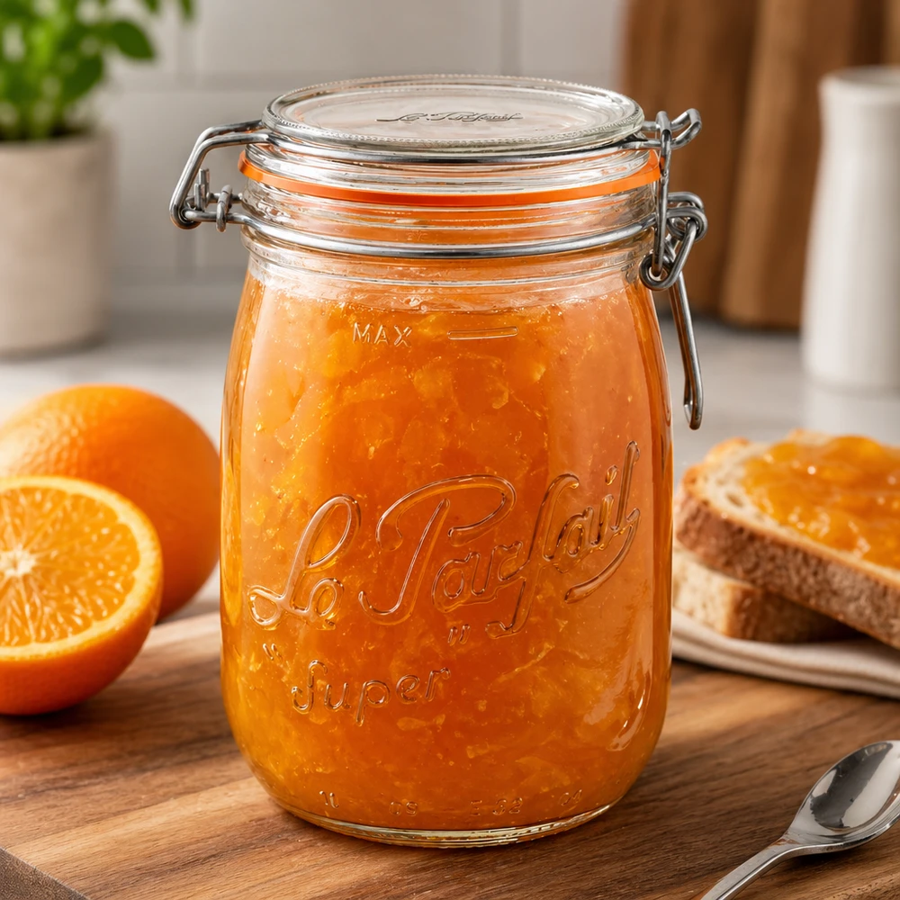 1000 ml Le Parfait Super opbevaringskrukke med svingtop fyldt med appelsinmarmelade på træplade med appelsiner