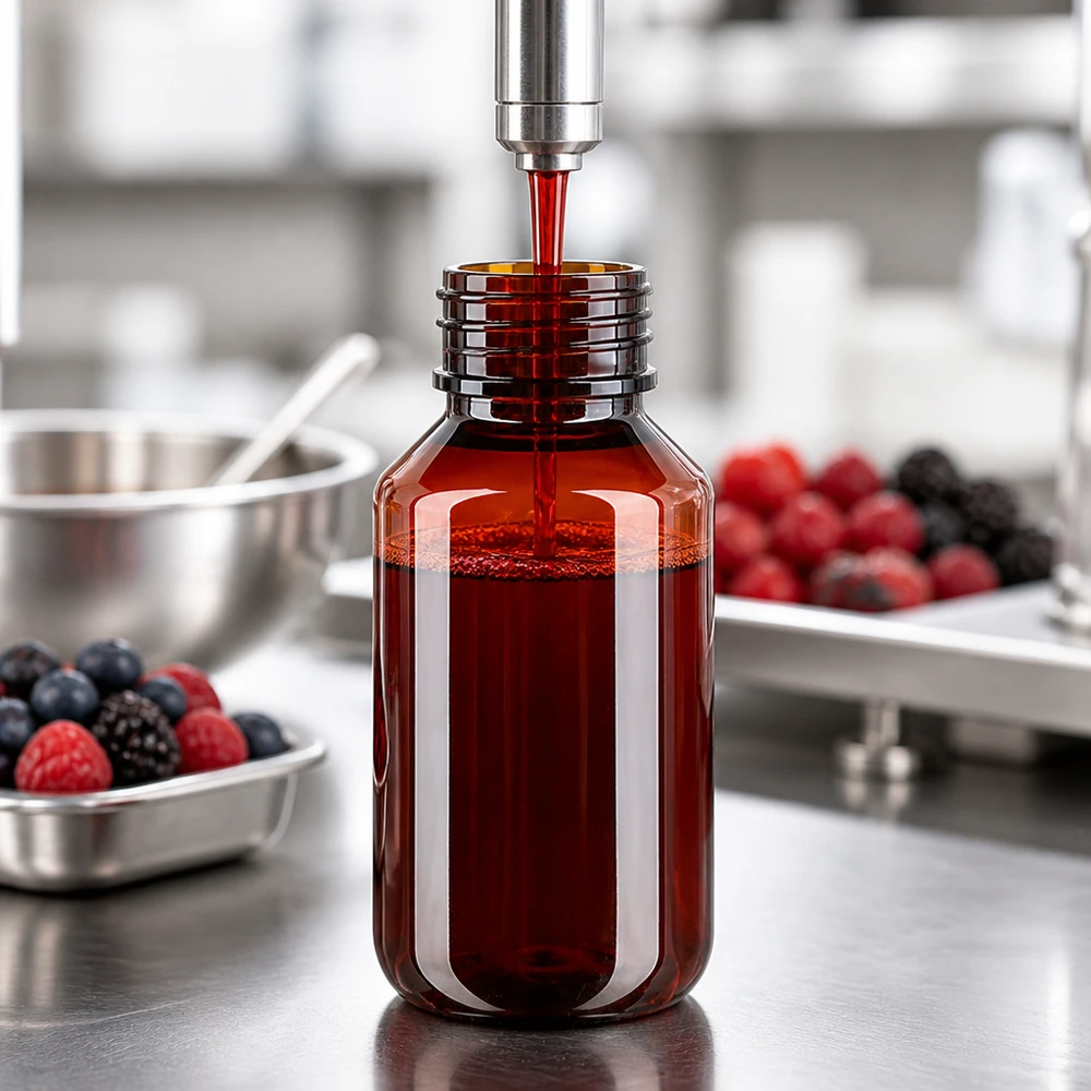 Kompakte braune PET Flasche 100ml mit schwarzem Spritzverschluss in Lebensmittelproduktion