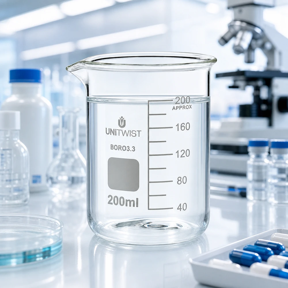 Bæger 200 ml borosilikat, lav skimmel UNiTWIST UNiTWIST 200 ml bägerglas af borosilikatglas, lav model, i et professionelt laboratorium med mikroskop