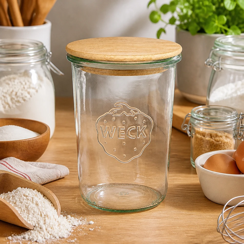 850 ml Briller WECK RR100 med trælåg WECK drikkeglas 850ml RR100 trælåg køkken bageingredienser mel æg køkkenredskaber naturlige materialer
