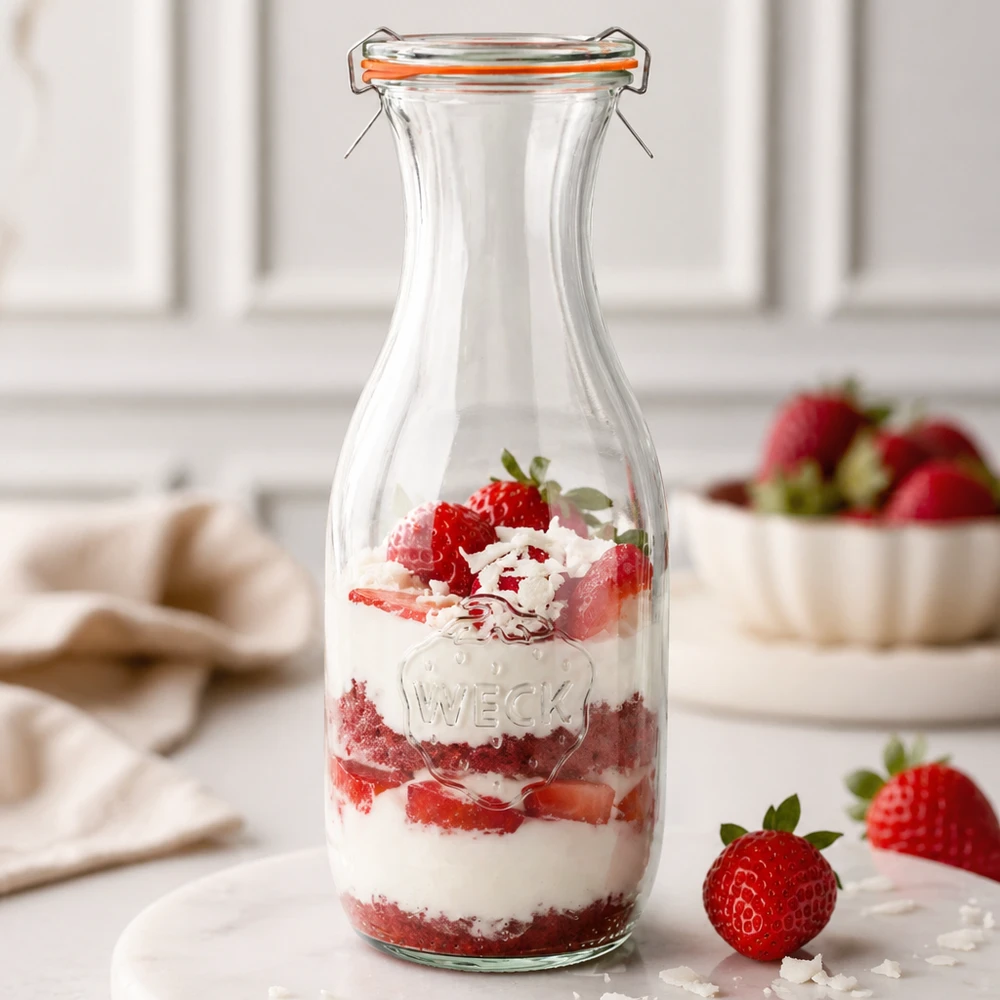 1062 ml saftflaske, komplet WECK RR60 WECK juiceflaske 1062ml RR60 som dessertglas fyldt med jordbærcreme lagdelt dessert køkkenbaggrund hvid