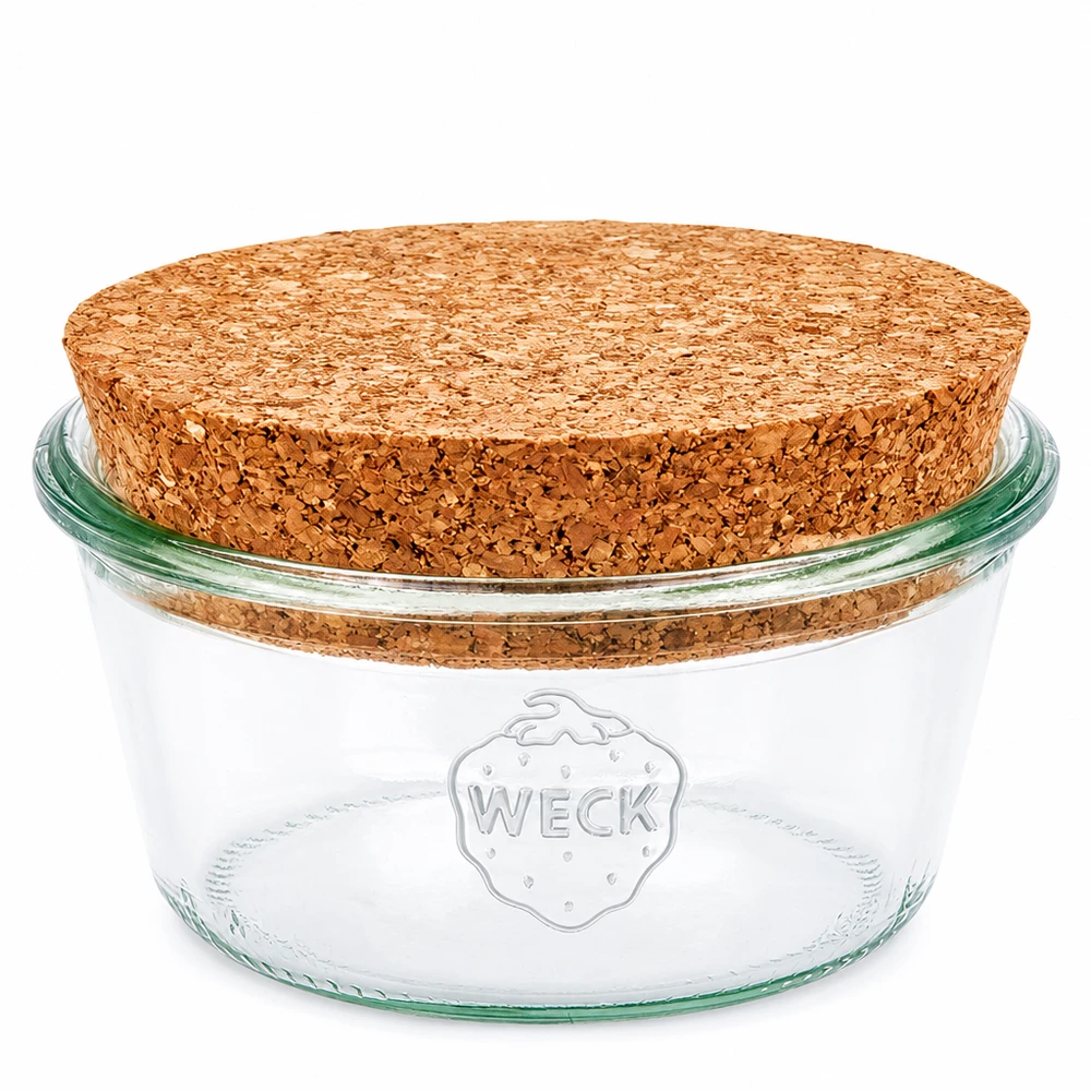 290 ml Briller lav WECK RR100 m.kork natur 290 ml WECK RR100 murerbalje med naturlig korkprop lav formet konserveringskrukke til opbevaring