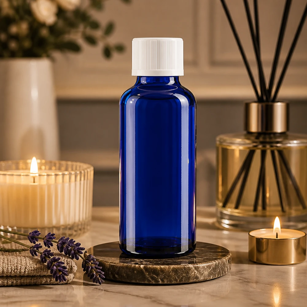 Apoteksflaske blå 30ml dråbetæller hvid KiSi St Aromaterapiflaske på 30 ml i blåt glas med børnesikret hvid prop og præcisionsdråbetæller på 1,2 mm