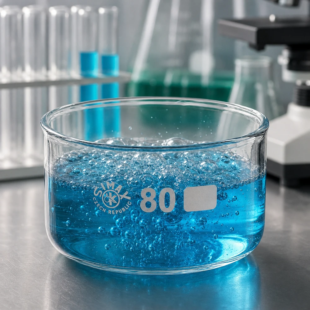 Blå væske med bobler i SIMAX-krystalliseringsskål, 80 mm, borosilikatglas, 150 ml, laboratoriebrug