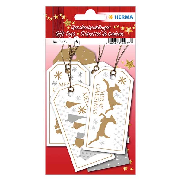 Merry Christmas"-tags (6 stk.) med glitter | 6 papirtags med tråd. Merry Christmas"-tags (6 stk.) med glitter | 6 papirtags med tråd.