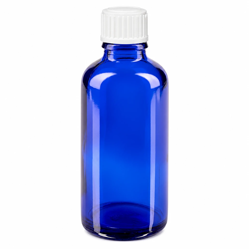 Apoteksflaske blå 50ml skruelåg hvid stk. 50 ml blå apotekerflaske af glas med hvid skruelåg, 11 mm