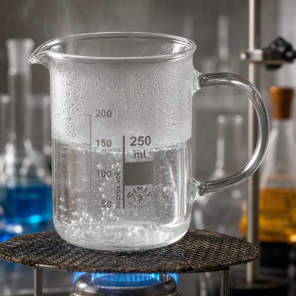 Bæger 250 ml borosilikatglas, med håndtag Et 250 ml bægerglas med hank, der opvarmes på en bunsenbrænder med kogende vand i laboratoriet