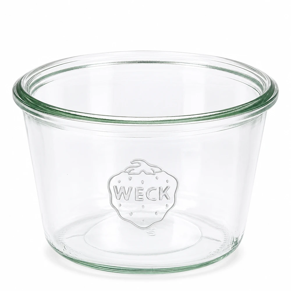 370 ml Briller WECK RR100 WECK-glas 370 ml RR100 transparent med grøn kant og præget WECK-logo til konservering og opbevaring.
