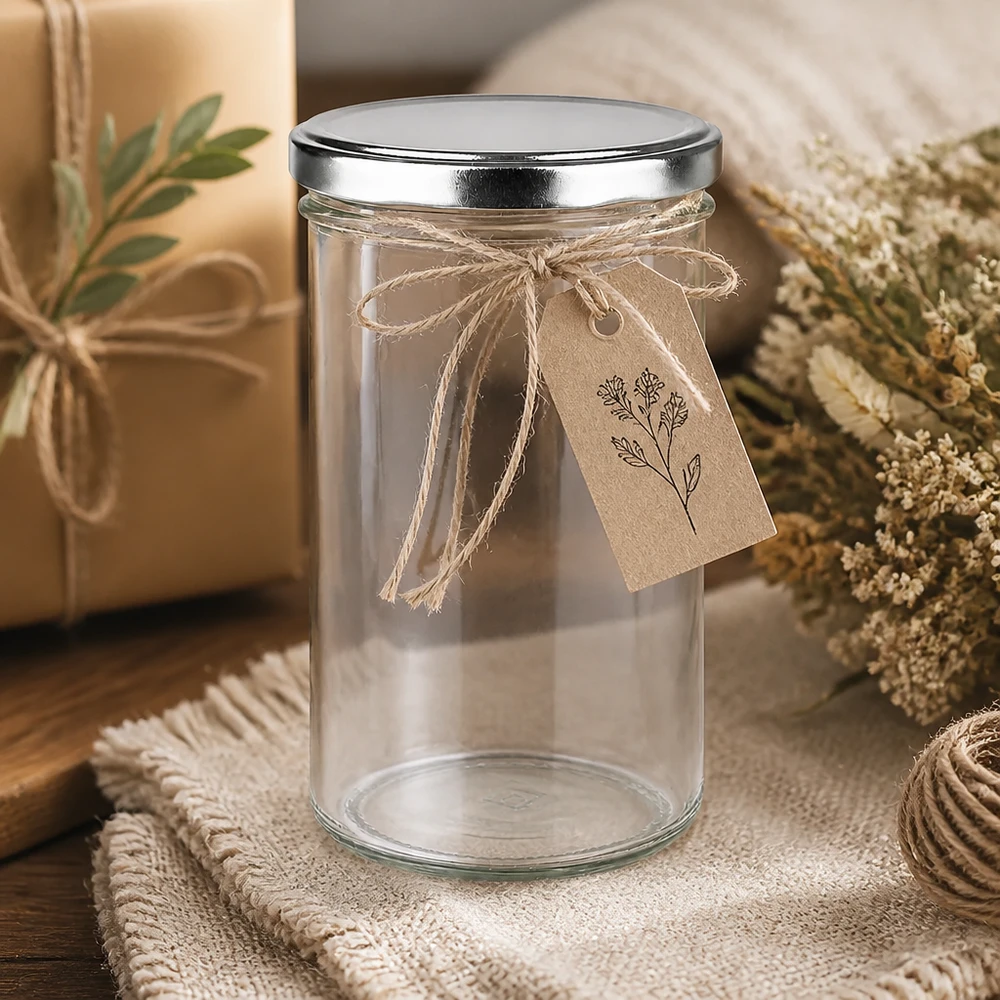277 ml Briller med BasicSeal-låg sølv UNiTWIST 277 ml glas med BasicSeal-låg i sølv, dekorativt arrangeret med gavemærke og naturmaterialer