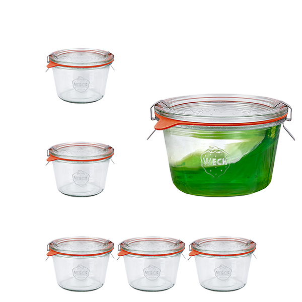 Sæt med 6 Weck-krukker 370 ml Briller med 6 glaslåg Sæt med 6 Weck-krukker 370 ml Briller med 6 glaslåg