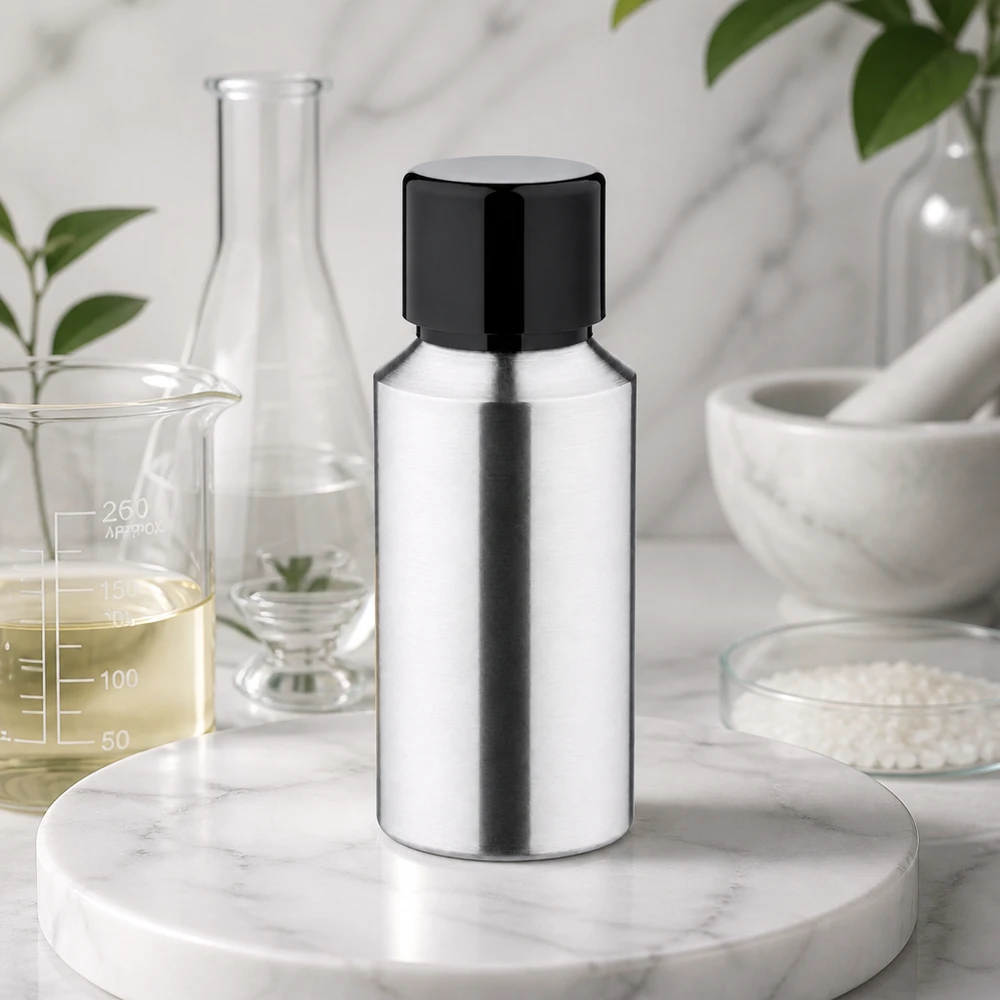 30 ml flaske i poleret aluminium med skruelåg Poleret 30 ml aluminiumsflaske med mat finish og sort hætte til laboratoriemiljøer