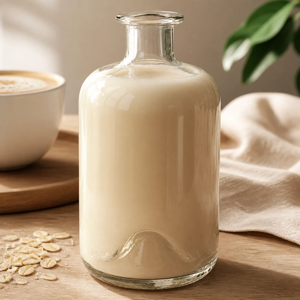 500 ml apoteksflaske »500ml Glasflasche "Luna" ohne Verschluss UNiTWIST« uden lukning UNiTWIST® Apotekerens flaske Luna 500 ml fyldt med cremet havremælk ved siden af kaffekop og havregryn på træbord