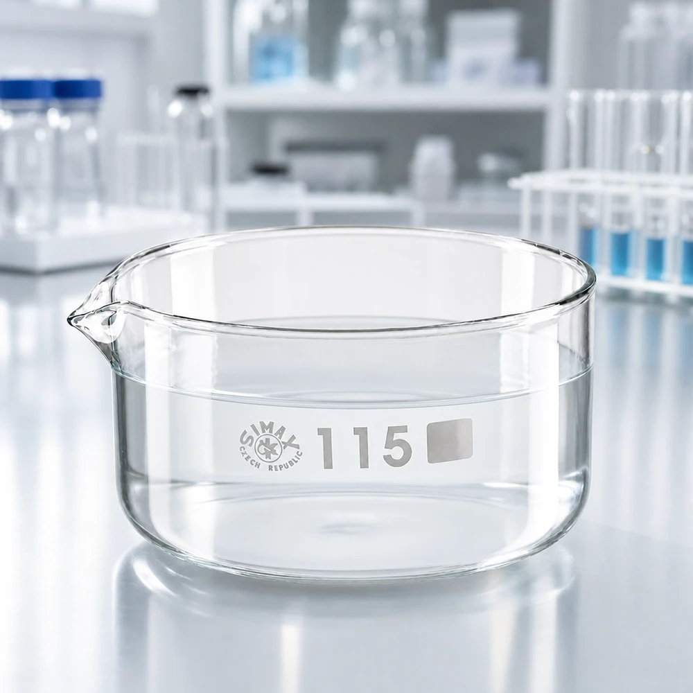 Krystalliseringsskål 500 ml med borosilikat-tud Gennemsigtig krystalliseringsskål 500 ml SIMAX Tjekkiet, borosilikatglas, cylindrisk form, ø 115 mm