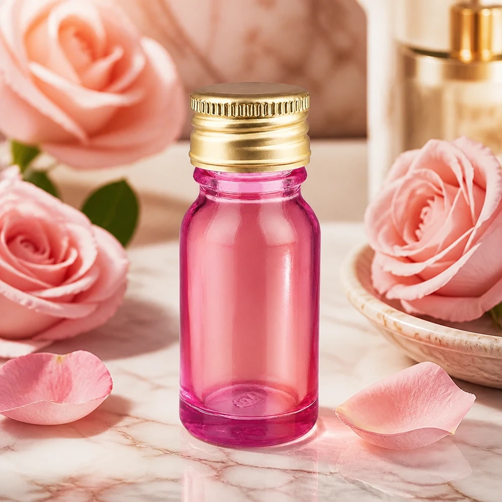 10ml flaske 11mm skruelåg aluminium guld standard PurpleLine. UT18/10 10 ml violet glasflaske med 11 mm skruegevind og aluminiumsguldhætte til parfumeolier