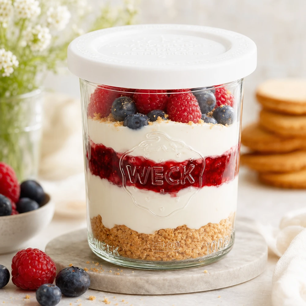 160 ml krukke med friskhedslåg WECK RR60 WECK 160 ml RR60-bægre med lagdelt dessert af yoghurt, bær og kiksekrummer - perfekt som dessertglas