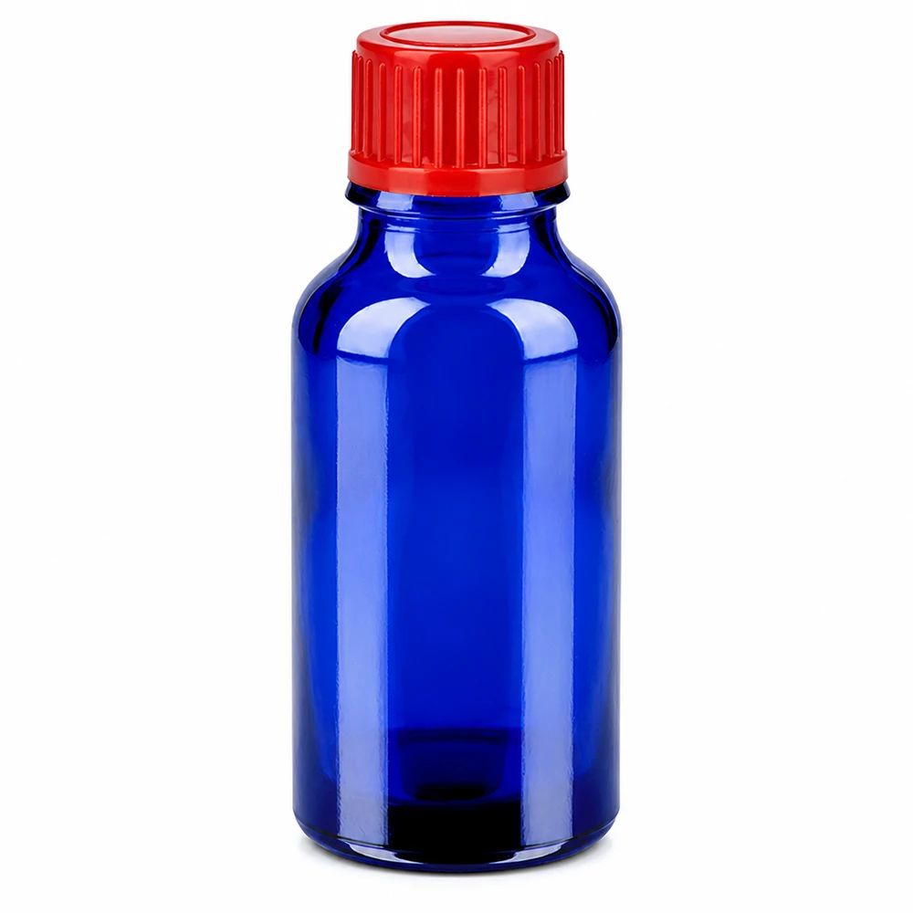 Blå glasflaske 20 ml med rødt skruelåg til medicin og kosmetik