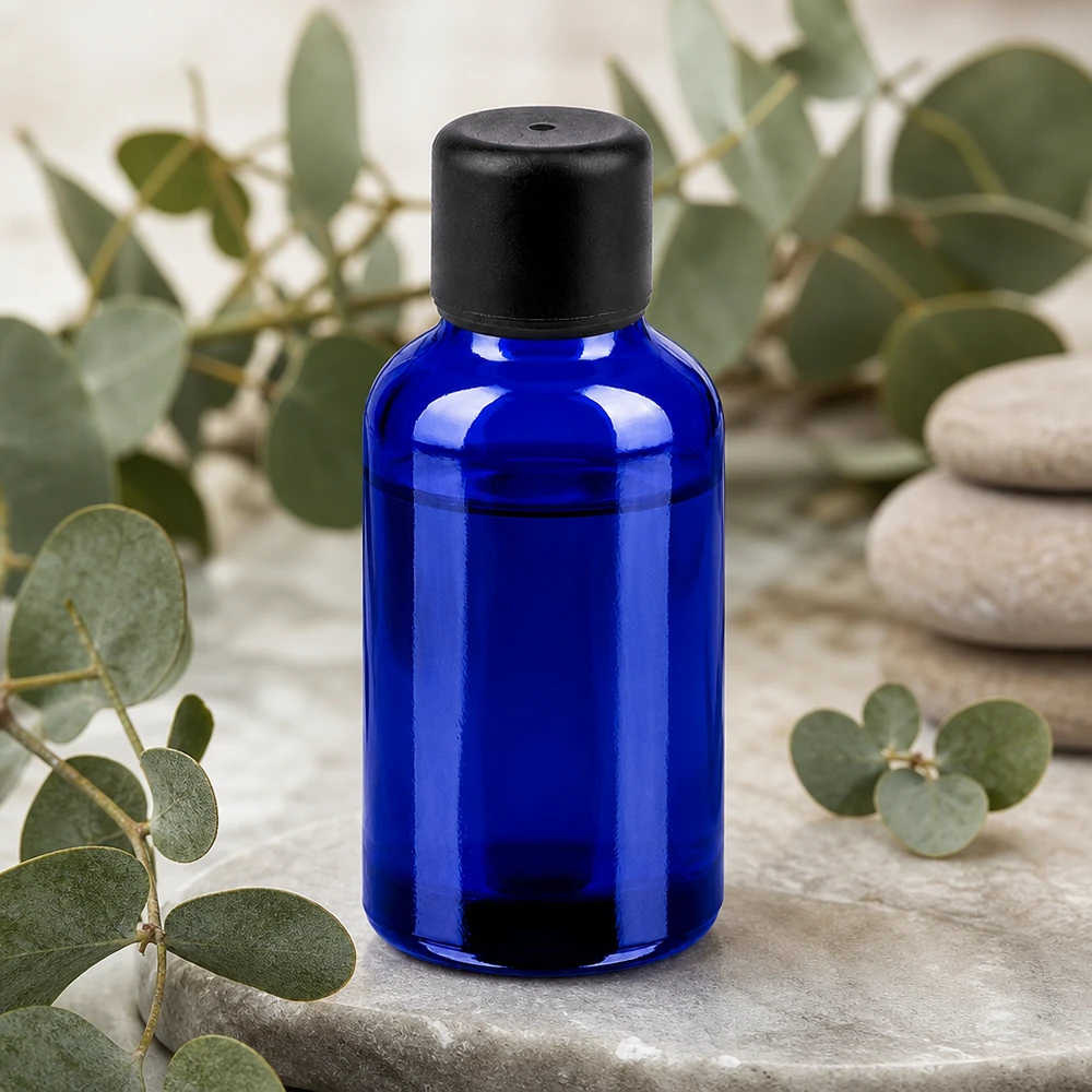 30 ml flaske 6 mm SV sort STD BlueLine UT18/30 30 ml blå glasflaske med sort hætte til æteriske olier og kosmetik