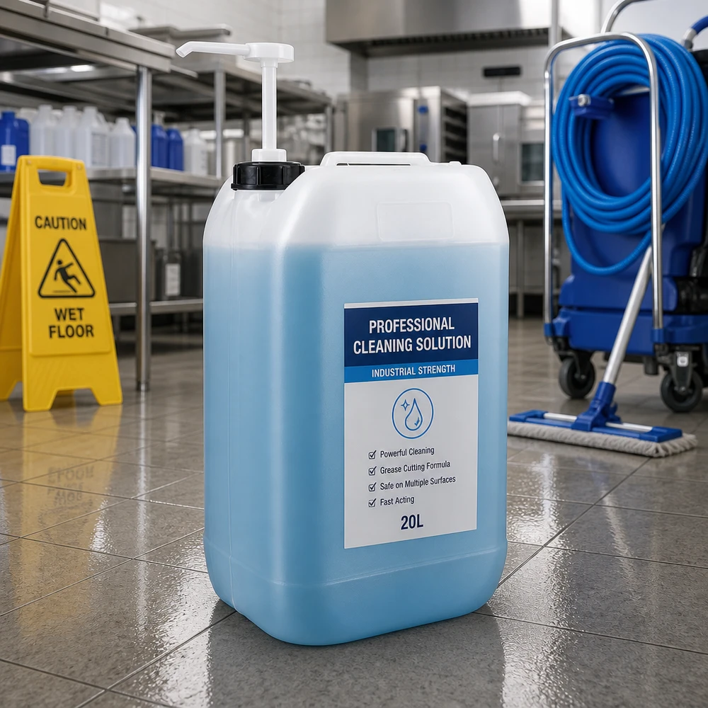 Beholder 15 liter med doseringspumpe Blå 15-liters dunk med doseringspumpe i et professionelt køkken ved siden af et advarselsskilt og en moppe