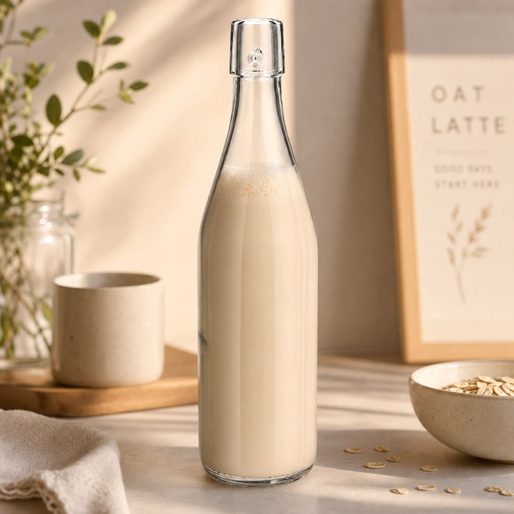 500 ml glasflaske uden skruelåg UNiTWIST 500 ml UNiTWIST-glasflaske fyldt med havremælk i et naturligt køkken med havreflager som en sund livsstilsscene