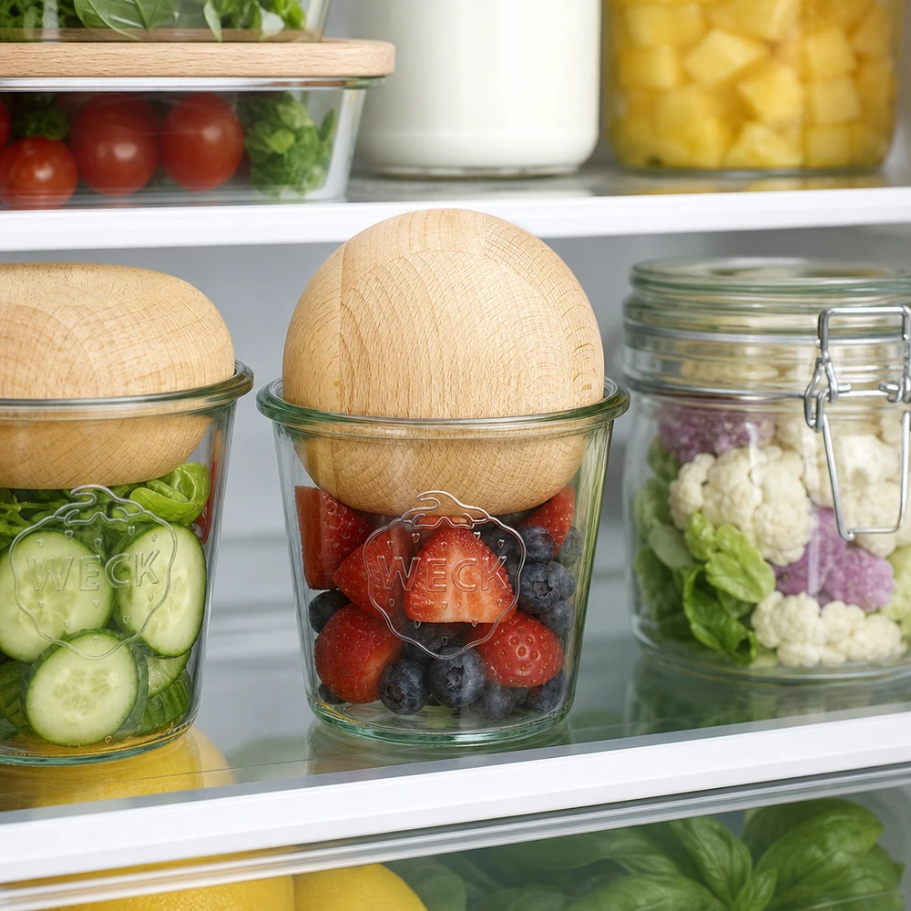 580 ml Briller WECK RR100 med trækugle bøg WECK Sturzglas RR100 580ml mit Buchenholzkugel zur Frischehaltung von Beeren und Gemüse im Kühlschrank