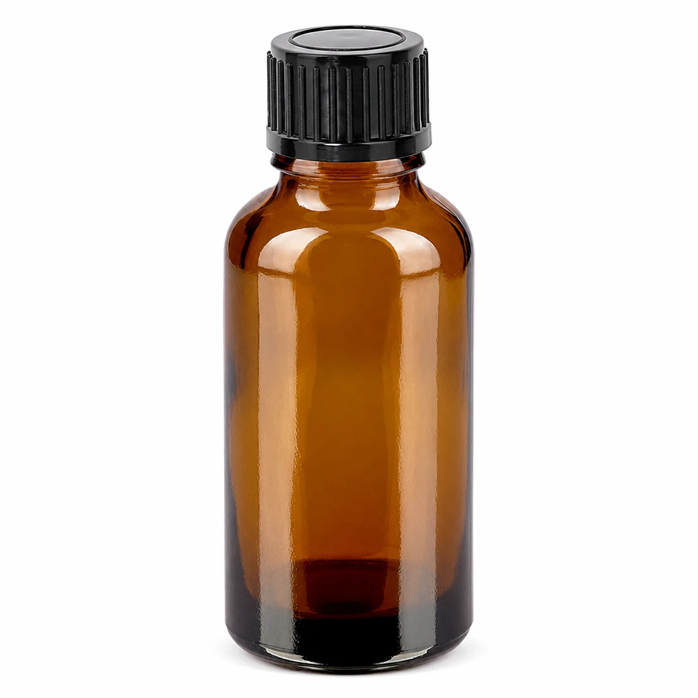 30 ml flaske 11 mm SV sort STD BrownLine UT18/30 30 ml ravfarvet glasflaske med sort skruelåg til æteriske olier og kosmetik