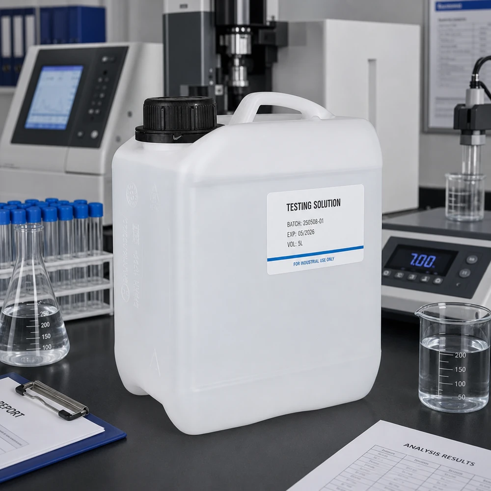 Rektangulær HDPE-dunk på 2,5 liter med etiket »Testopløsning« på et laboratoriebord