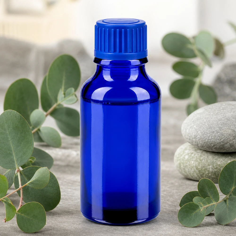 20 ml flaske 11 mm SV blå STD BlueLine UT18/20 20 ml apoteksflaske lavet af UV-beskyttende blåt glas med riflet skruelåg
