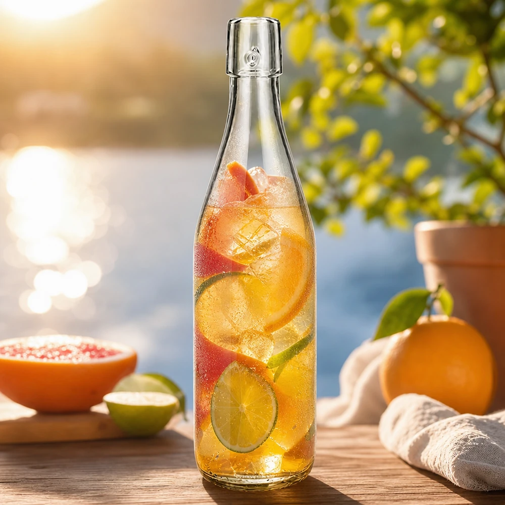500 ml glasflaske uden skruelåg UNiTWIST 500 ml UNiTWIST-glasflaske fyldt med iste og frugt til udendørs sommerforfriskninger med citrusfrugter