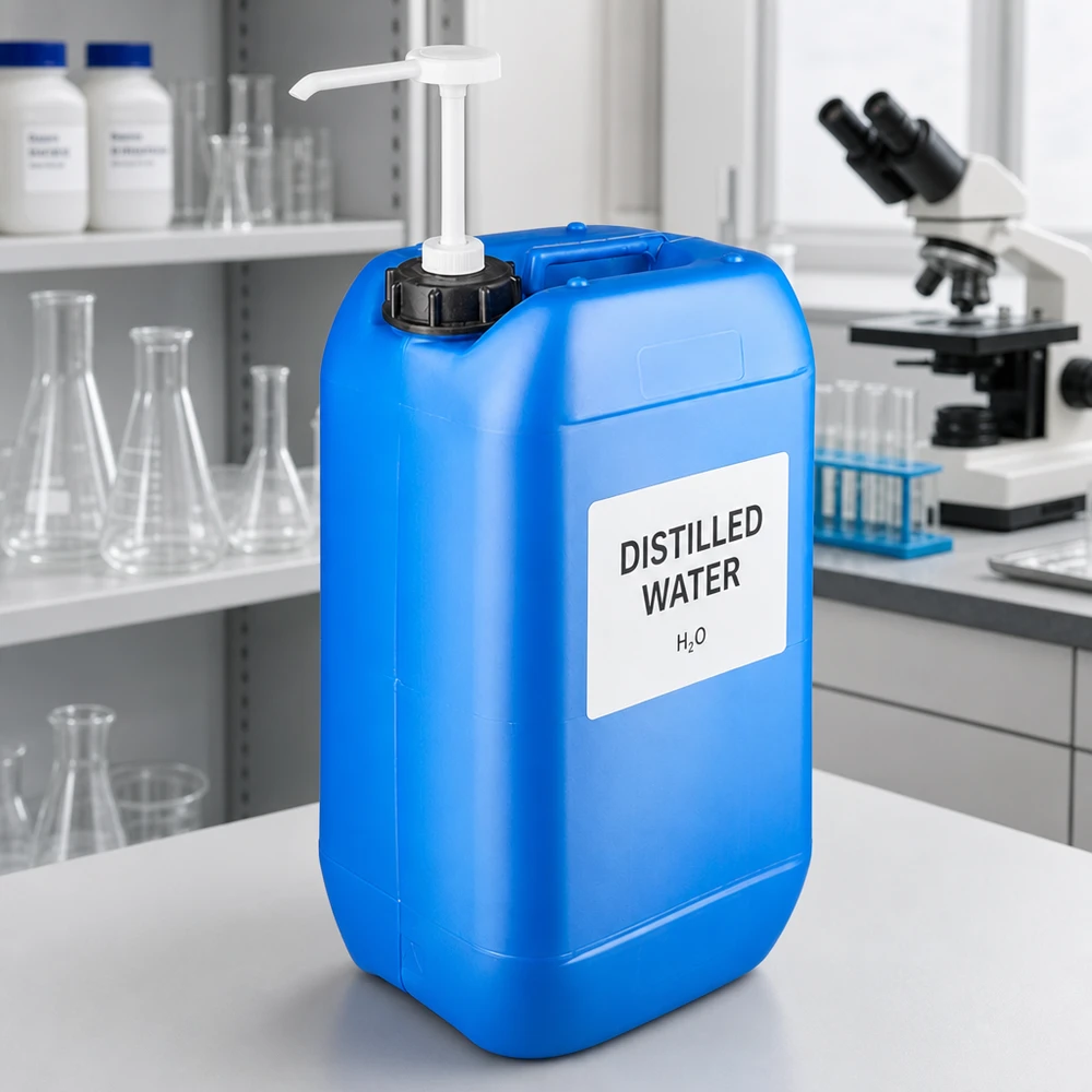 15 liters blå dunk med doseringspumpe 15 liters blå laboratoriekanister med doseringspumpe, fyldt med destilleret vand (H₂O)