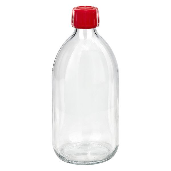 500 ml medicinflaske klar, rød hætte med tyverisikring ApoGlas. Farmaceutisk kvalitet fra EU-produktion. 28 mm (PP28) gevind. (sirup, let glasflaske)