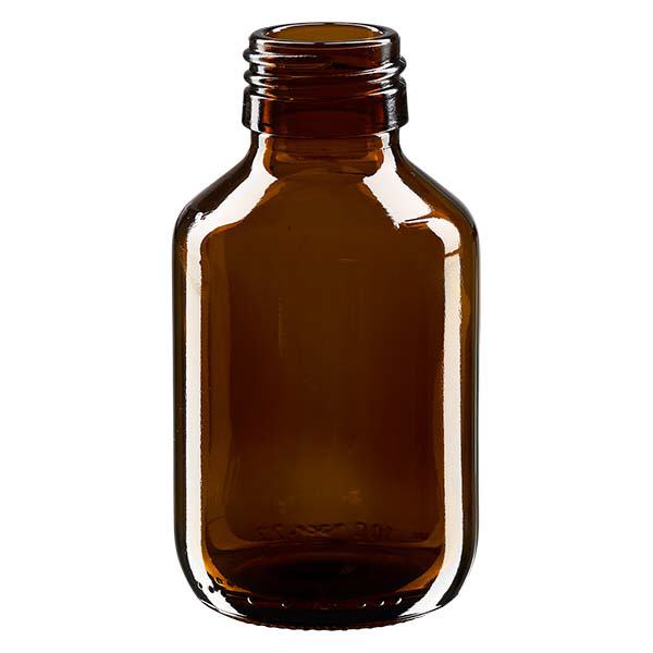 100 ml medicinflaske brun, uden hætte PP28 ApoGlas. Farmaceutisk kvalitet fra EU-produktion. 28 mm gevind. (sirup, let glasflaske)