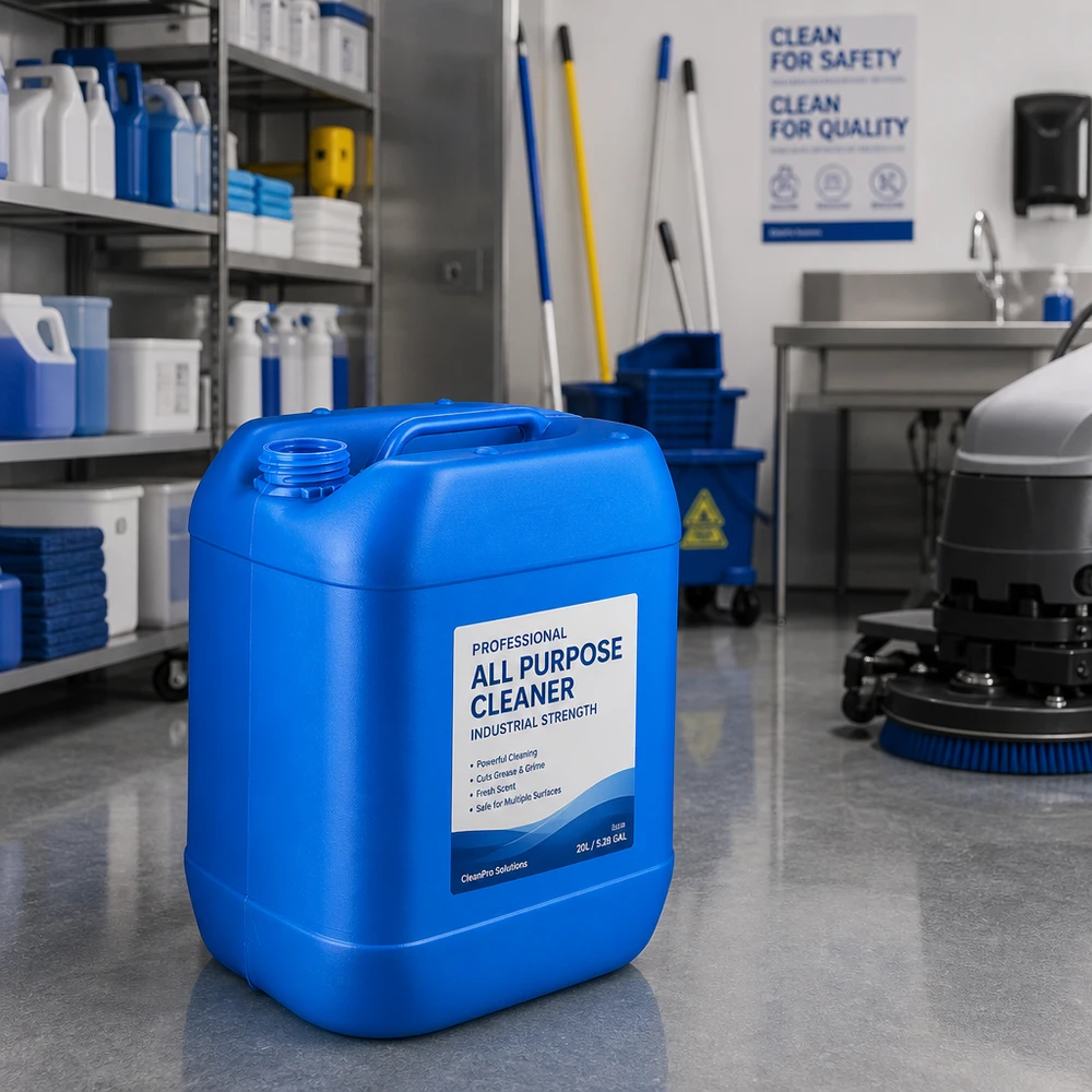 Blå industrikanister på 20 liter uden låg, med bred påfyldningsåbning og robust bærehåndtag