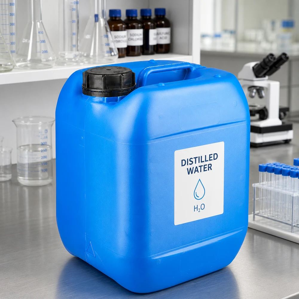 5 liters blå dunk med skruelåg OV 5 liters laboratoriekanister, blå, med OV-skruelåg til destilleret vand H₂O