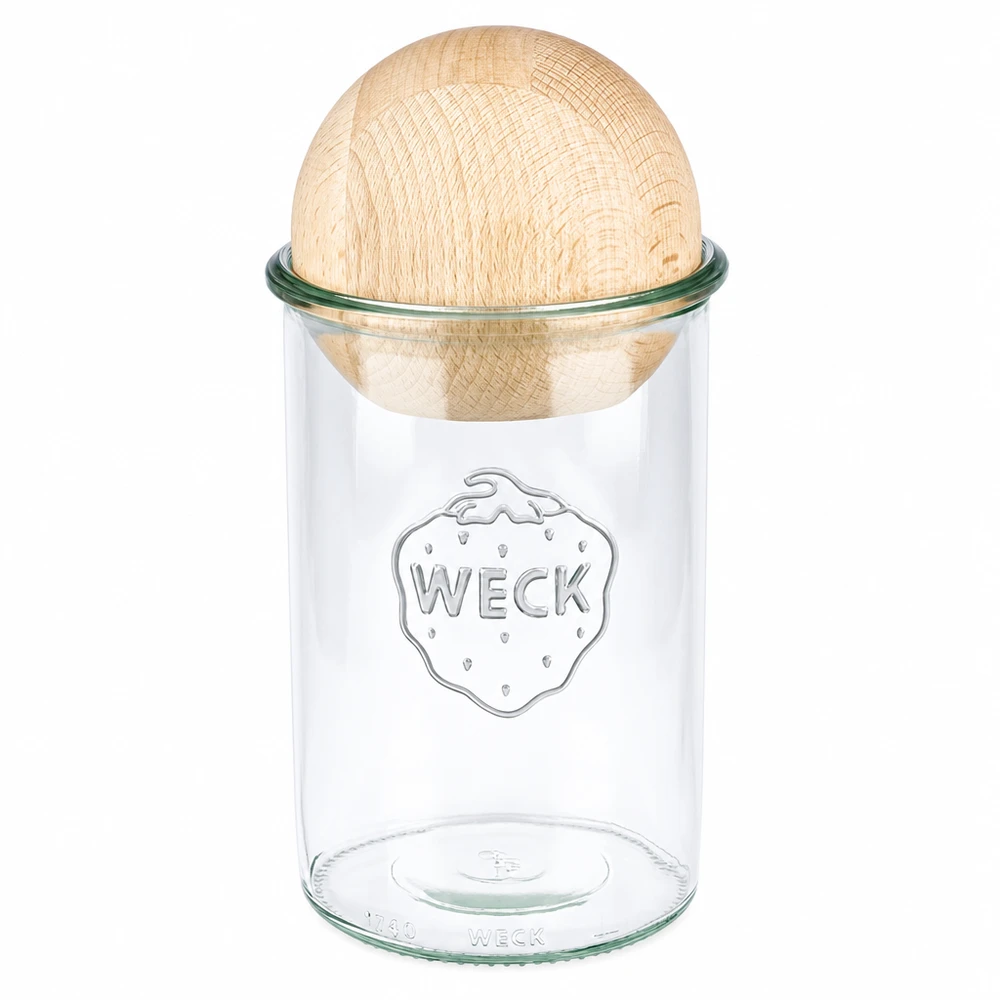 1000 ml Briller WECK RR100 med trækugle bøg WECK glas 1000 ml RR100 med kuglelåg af bøgetræ, konserveringsglas med logo på hvid baggrund