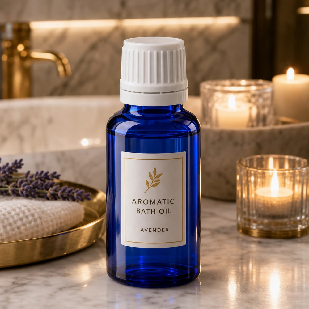 Apoteksflaske blå 20 ml skruelåg hvid OV Aromatisk lavendelbadolie i en koboltblå 20 ml apotekerflaske med hvid skruelåg