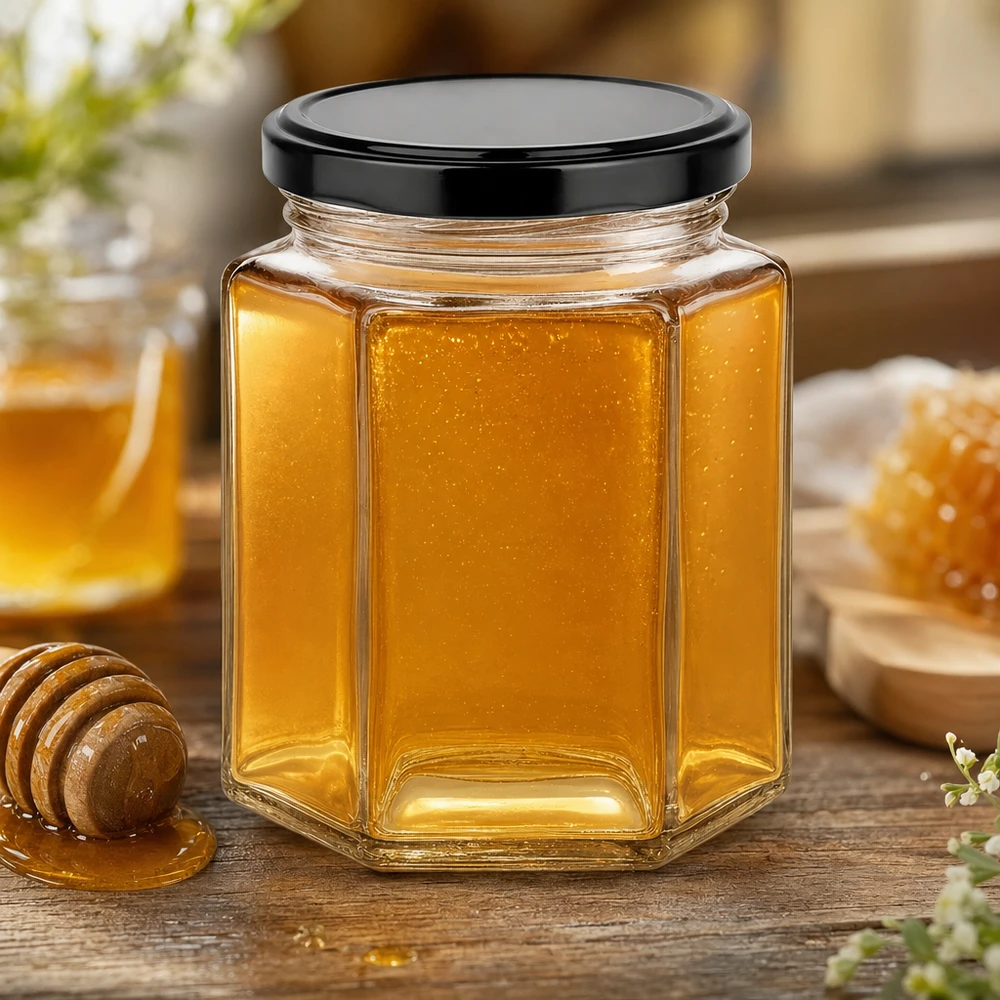 196 ml hexa-krukke med BasicSeal-låg sort UNiTWIST 196 ml hexakrukke med sort låg fyldt med gyldengul honning på et rustikt træbord med honningske og blomster