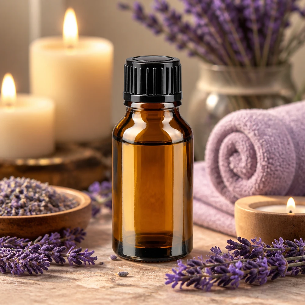 Apoteksflaske brun 15ml skruelåg sort pc Apotekflaske, 15 ml, brunt glas med sort skruelåg, omgivet af lavendelblomster og stearinlys