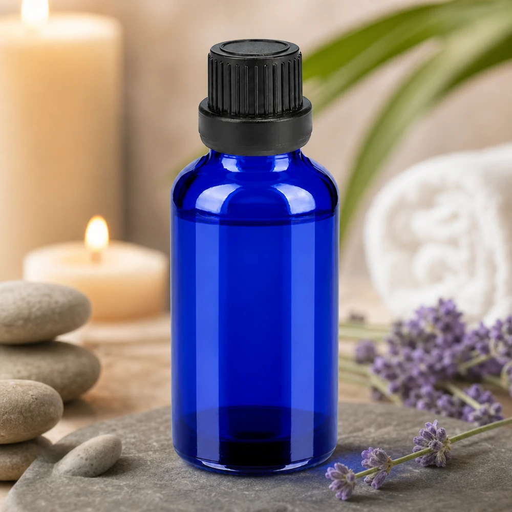 30 ml glasflaske i elegant koboltblå farve med sort sikkerhedsdæksel til wellness
