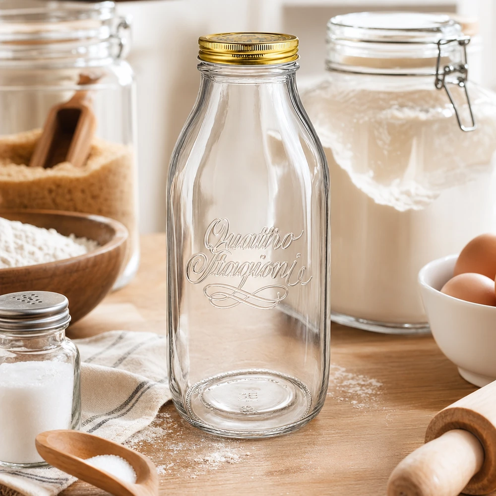 1000 ml glasflaske "Quattro Stagioni" med låg Quattro Stagioni 1000 ml glasflaske arrangeret i et rustikt køkken med bageingredienser, mel, æg og træredskaber