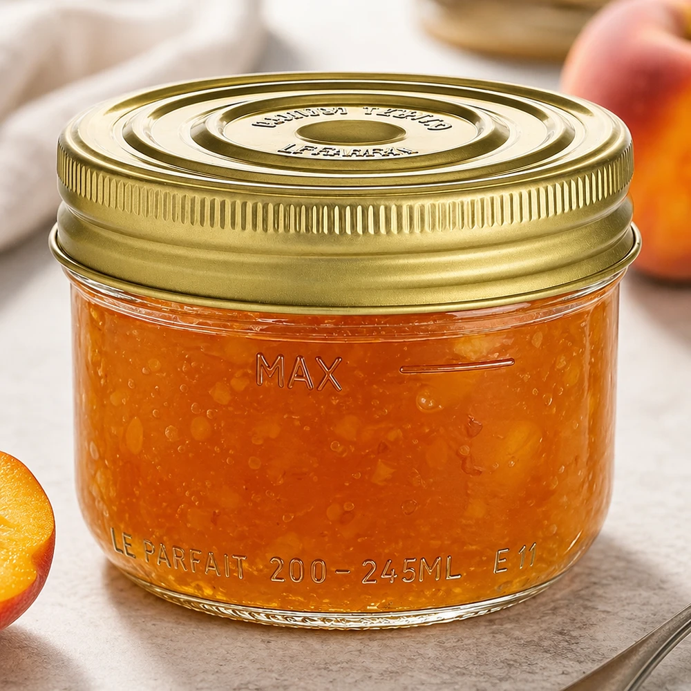 Le Parfait® Familia Wiss 200 g Ø82 mm glas 245 ml Familia Wiss-bægre med guldskruelåg fyldt med appelsinmarmelade på et træbord