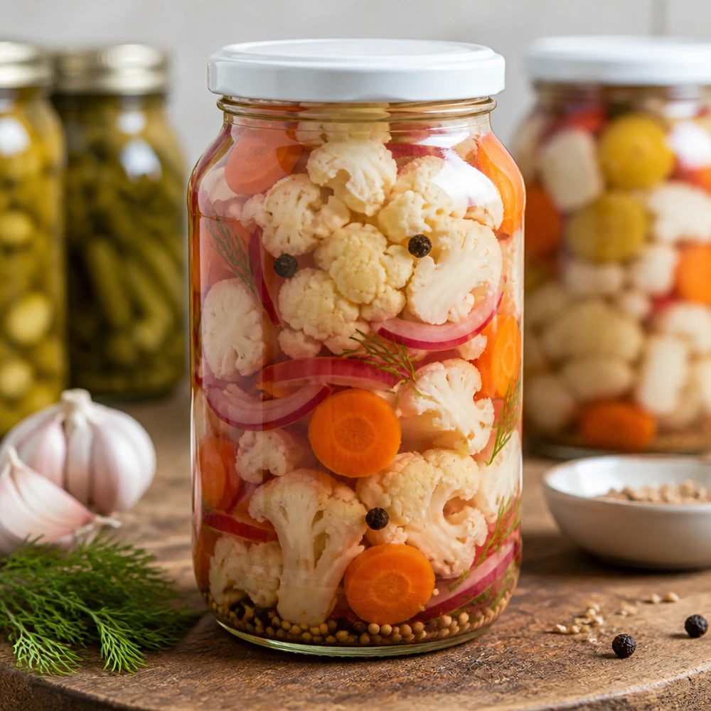 1062 ml rund krukke med BasicSeal-låg hvid UNiTWIST 1062 ml rund krukke BasicSeal-låg med syltede grøntsager Blomkål Gulerødder Blandede pickles Konserveringskrukke