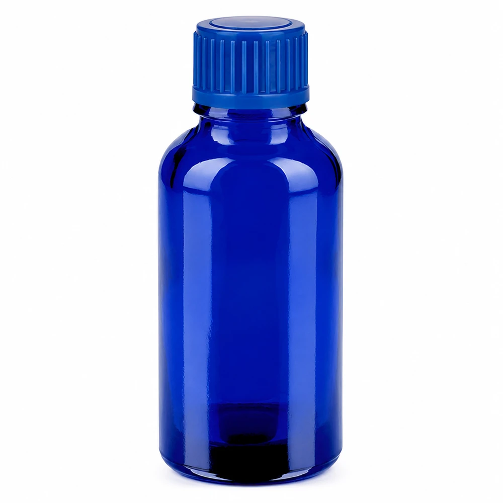 30 ml blå glasflaske med skruelåg til æteriske olier og kosmetik