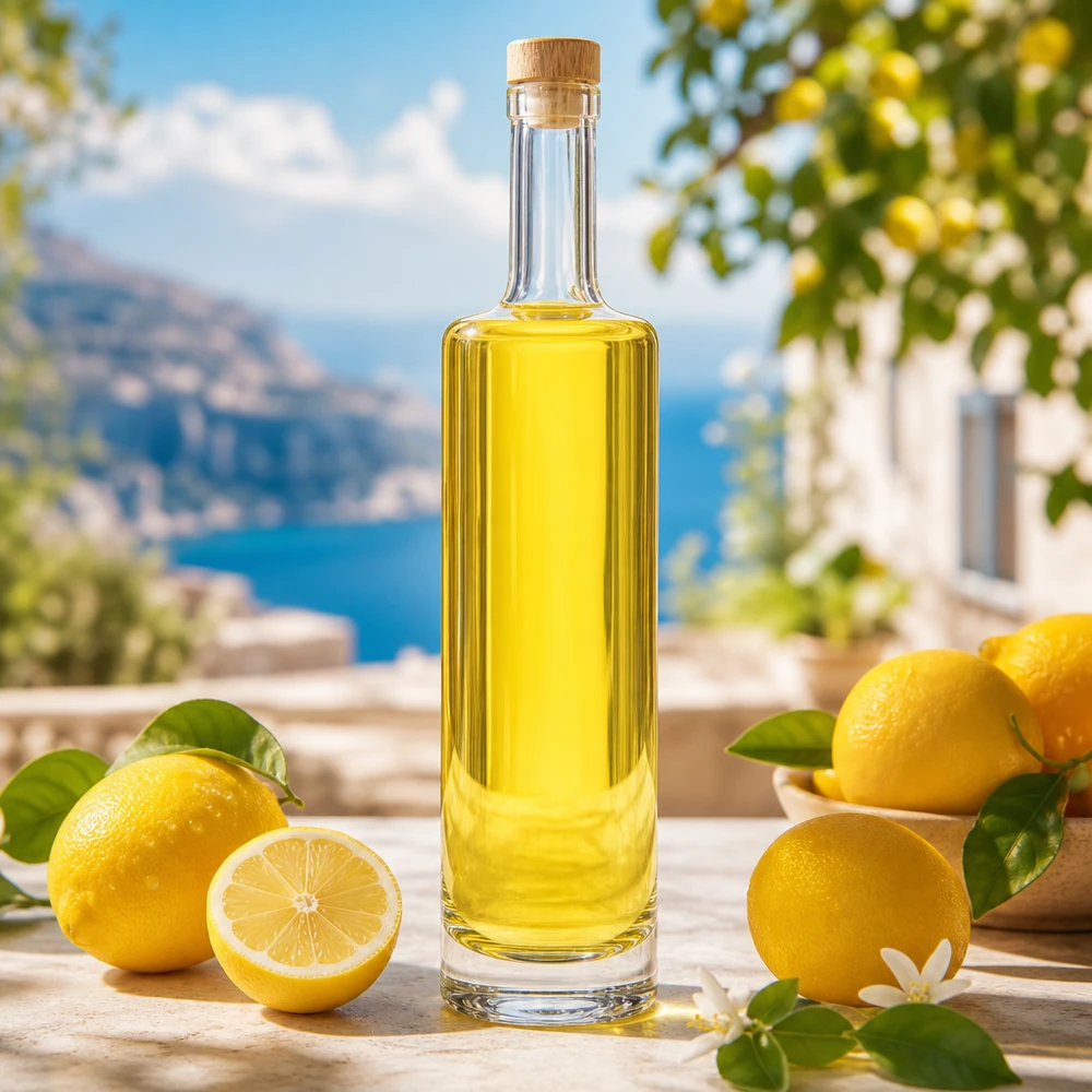 500 ml glasflaske »Lina« med træhåndtag UNiTWIST® 500 ml glasflaske Lina med træprop fyldt med gul limoncello mellem friske citroner Middelhavslandskab