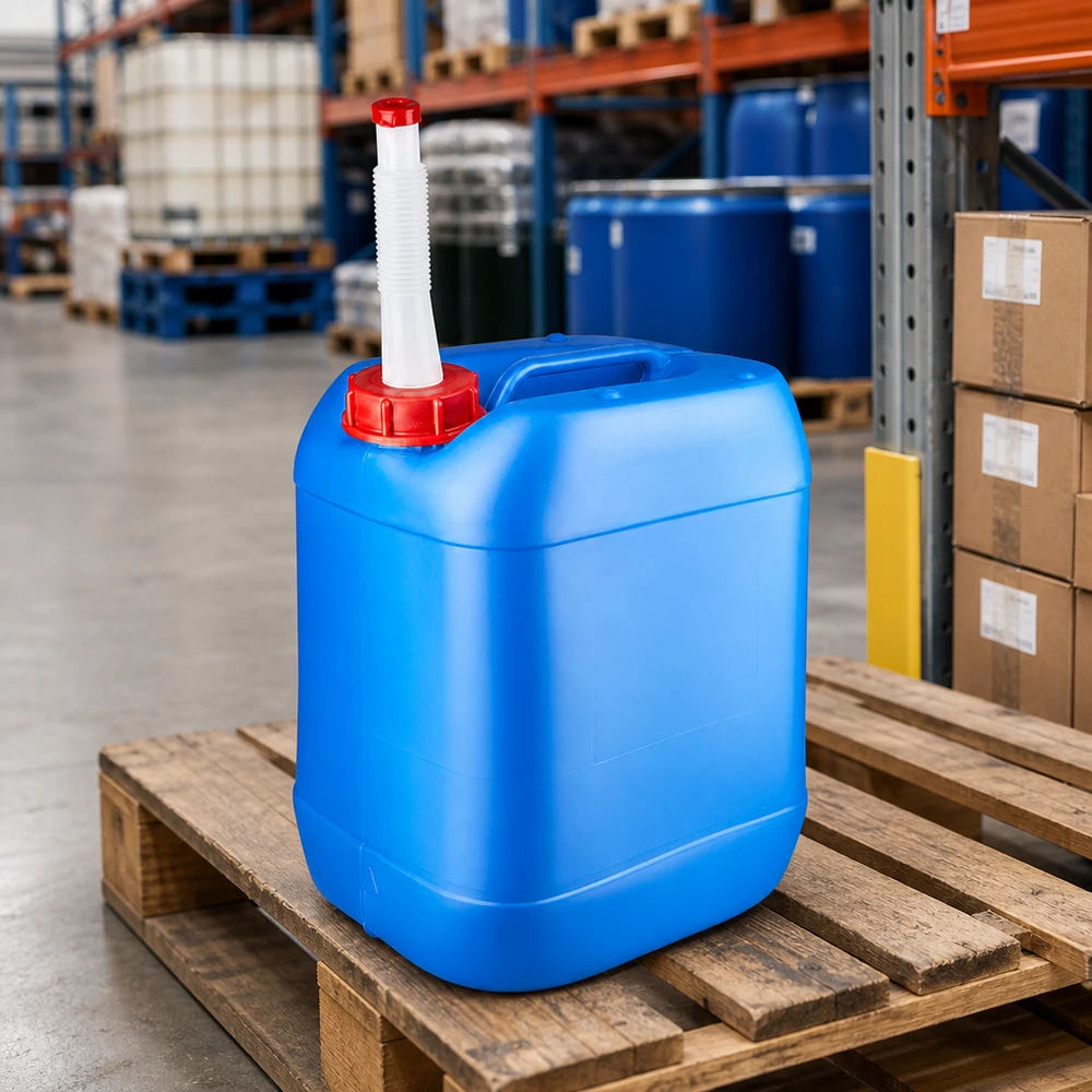 20 liters blå dunk med fleksibelt udløbsrør Stabelbar 20-liters HDPE-kanister i blå med fleksibelt udløbsrør på træpalle på lageret