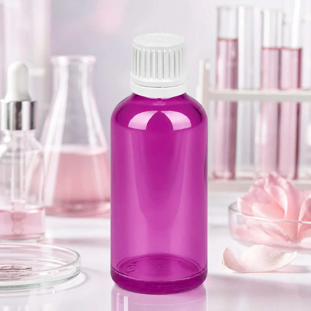 Kompakt 50 ml violet glasflaske med børnesikret hætte til laboratorier og apoteker