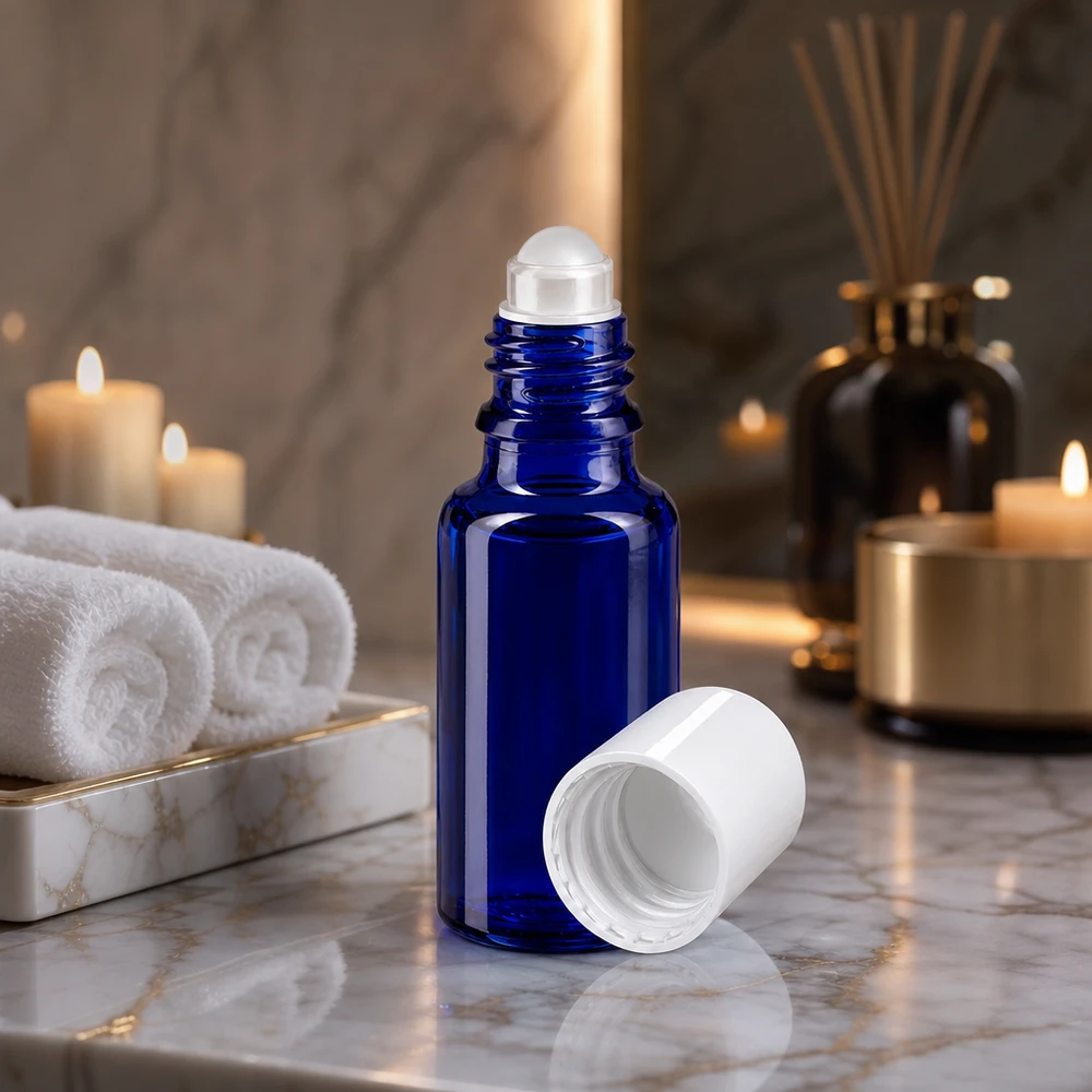 Apoteksflaske blå 20 ml roll-on-hætte hvid Koboltblå 20 ml roll-on-flaske med hvidt låg på marmor ved siden af stearinlys og håndklæder